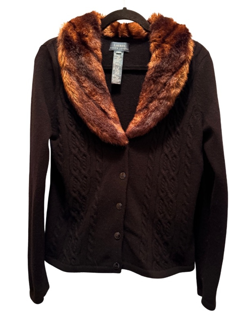 Lauren Ralph Lauren Brown Faux Fur Collar Cable Knit Cardigan